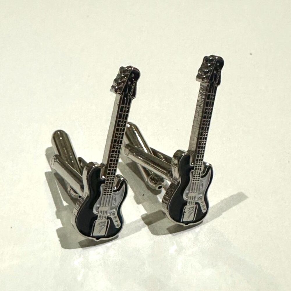 Fender Bass Guitar Cufflinks — Black & Silver Enamel
